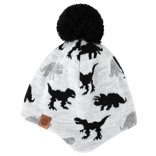 Duoyeree Kids Beanie Dinosaur Pom Pom Knit Winter Hat Fleece Lined for 1-7T - color: White Grey Set, size: 4-7 Years