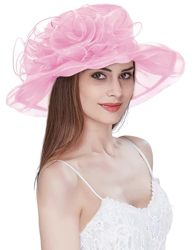 Women Derby Fascinator Hat Organza Church Wedding Hats Wide Brim Cocktail Tea Party Hat - color: 32 Pink