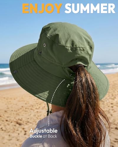 Women Sun Hat with Ponytail Hole Wide Brim Bucket Sun Protection for Summer - color: Green