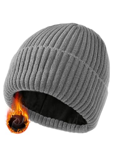 Winter Hats & Black Beanies for Men Women， No-Logo and Fleece-Lined - color: Gray