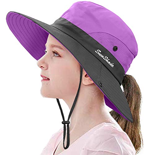 LCZTN Kids Ponytail Sun Hat Wide Brim UV Protection for Girls Beach Bucket Cap - color: Purple, size: Small