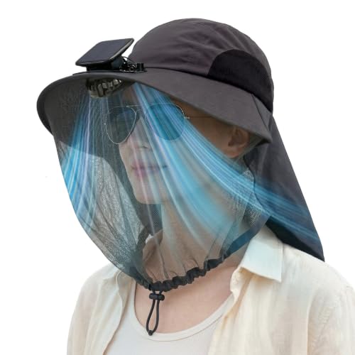 Short Brim Sun Hat with Solar Fan & Face Net Mask for Men Women UPF 50+ Neck Flap for Garden Outdoor Fishing Beach Essential - color: Deep Grey