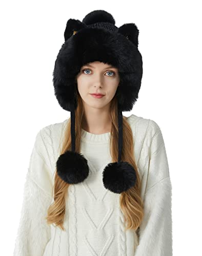 HUAMULAN Women Winter Sherpa Knit Beanie Hat Fleece Lined Ear Flaps - color: Black Solid