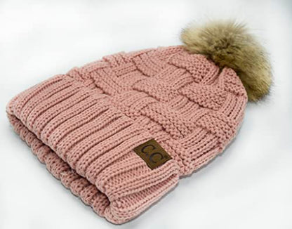 C.C Knit Beanie Hat – Fuzzy Fleece Lined Warm Winter Hat, Faux Fur Pom Soft Stretchy Slouchy Knit Cap, Cold Weather Beanie - color: Indi Pink