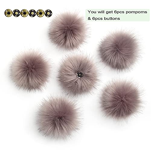 Pack of 6 Detachable Faux Fox Fur Pom Poms for Hats with Snap 4.3inch/11CM DIY Handmade Accessories (Gray) - color: Gray