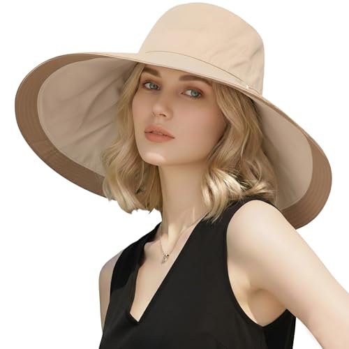 Wide Brim Sun Hat for Women Reversible Beach Hats Metal Wired Edge Gardening Hats, UPF 50+ Bucket Summer Hat - color: Khaki Beige