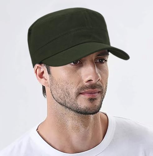 Washed Cotton Flat Top Military Cap for Unisex - color: Army Green