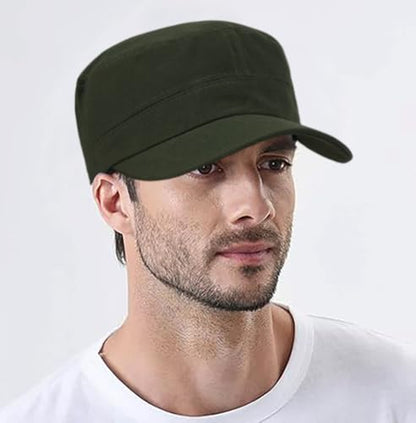 Washed Cotton Flat Top Military Cap for Unisex - color: Army Green
