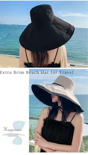 Women's Large Brim Reversible Sun Hats Packable Foldable UV Protection Bucket Hat Metal Wired Edge