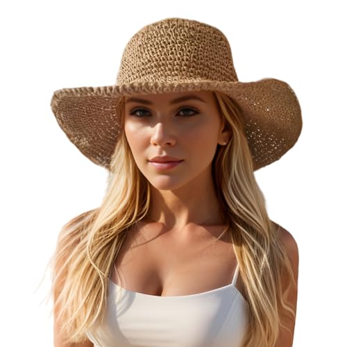 Floppy Big Beach Straw Hats for Women Foldable Summer Wide Brim Packable Sun Hat Womens Travel Straw Fedora Hat - color: Khaki-4