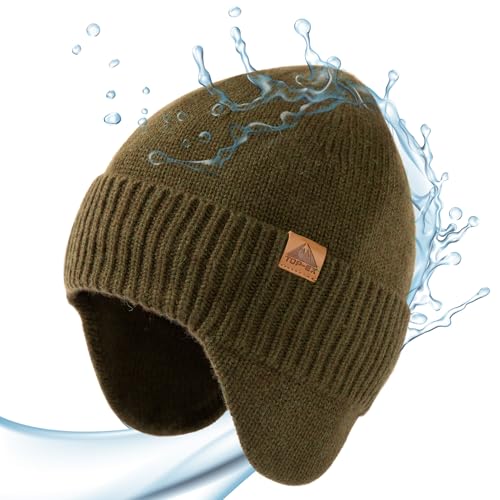 TOP-EX DryKnit™ 80% Merino Wool Waterproof Ear Flap Beanie M/L/XL - color: Green, size: Medium-Large