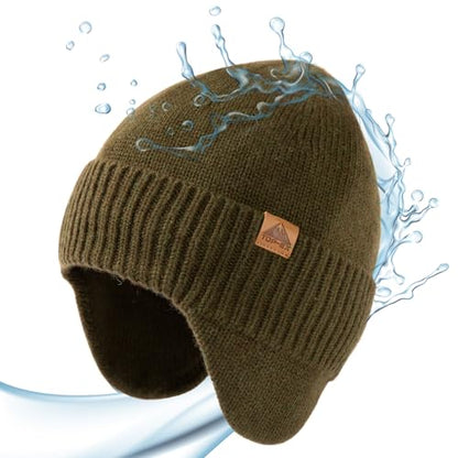 TOP-EX DryKnit™ 80% Merino Wool Waterproof Ear Flap Beanie M/L/XL - color: Green, size: X-Large-XX-Large