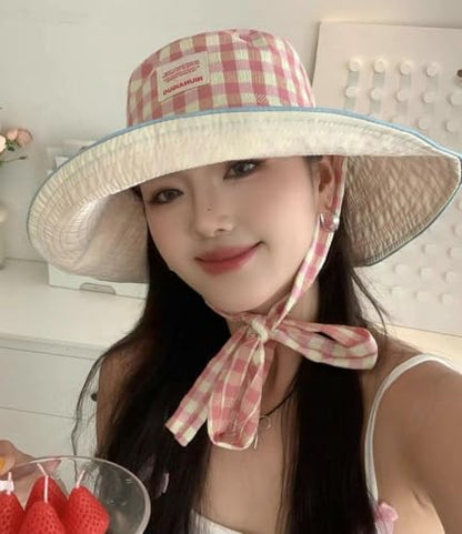 Sun Hats for Women Reversible Plaid Sun Cap Bucket Hat Wide Brim UV Protection Beach Hats 2025 Summer Travel Cap Fishing Hat - color: Pink