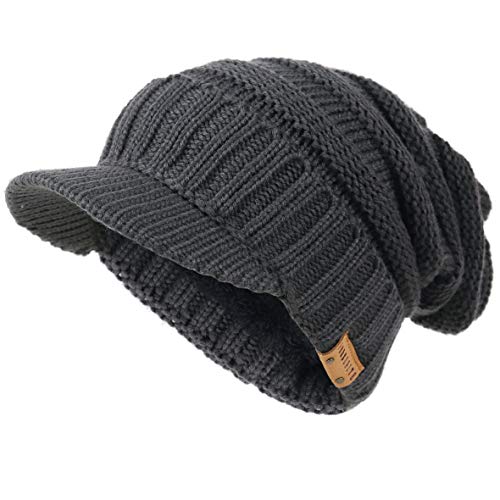 Ruphedy Mens Beanie with Brim Winter Hat Knitted Thick Fleece Visor Beanie - color: B320-grey
