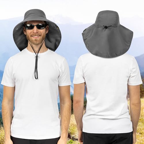SUN CUBE Wide Brim Sun Hat with Neck Flap for Men Women, UPF50+ Fishing - color: Gray