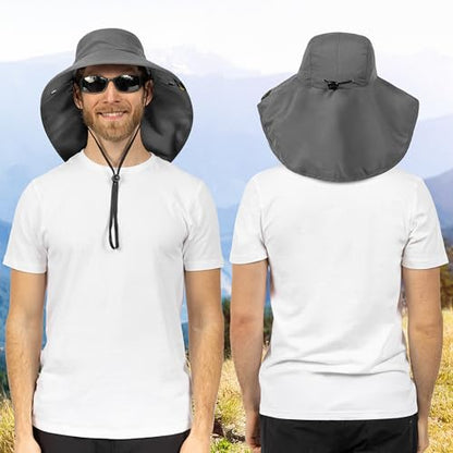SUN CUBE Wide Brim Sun Hat with Neck Flap for Men Women, UPF50+ Fishing - color: Gray