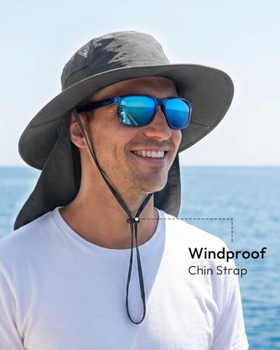 Sun Hats for Men Wide Brim Bucket Hat with Neck Flap for Fishing & Hiking Mens Sun Hat for UV Protection - color: Dark Grey
