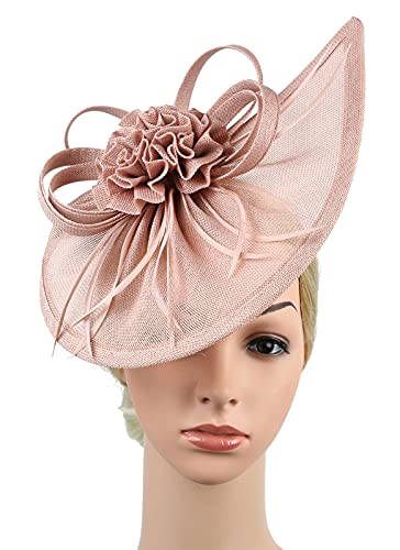 ORIDOOR Women Fascinators Derby Church Tea Party Wedding Flower Feathers Headpiece with Headband Clips - color: 21c Pink