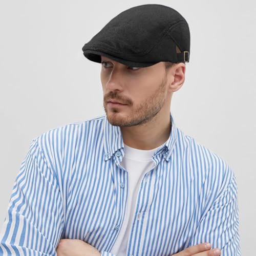 DIYDECAL Mens Flat Cap Newsboy Cap Adjustable Ivy Driving Scally Hat for Men Women - color: Black