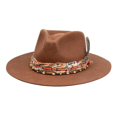 RUEDIGER Vintage Wide Brim Fedora Hats 100% Wool Stiff Felt Hat Rancher Hat with Lightning Logo Handmade Distressed/Burned - color: Coffee, size: 7 1/8
