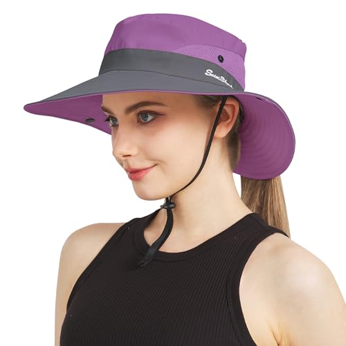 NPJY Ponytail Sun Hats for Women Men Wide Brim UPF Fishing Bucket Hat - color: Purple/Grey(ponytail Hole)