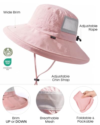 FURTALK Sun Hats for Women Wide Brim Ponytail UV Packable Hiking Travel - color: Pink
