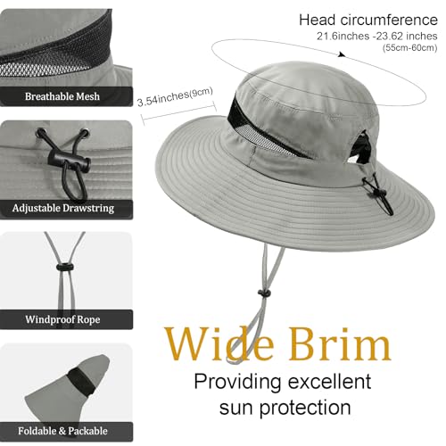 Bucket Sun Hat for Women Wide Brim Breathable Mesh UPF50+ Safari Hat Criss Cross Ponytail Hole Outdoor Rain Hat - color: Grey