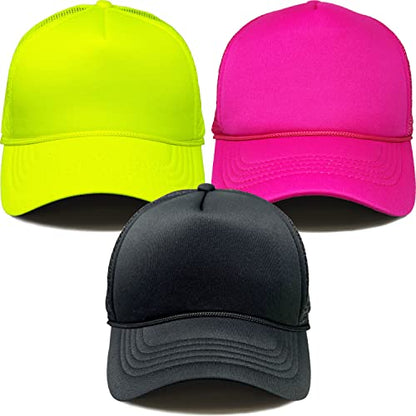 Funky Junque Blank Mesh Foam Lightweight Snapback Trucker Hat - color: 3 Pack - Black, Hot Pink, Neon Yellow