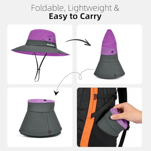 Rosoz Ponytail Sun Bucket Hats for Women UV Protection Foldable Wide Brim - color: 1-purple