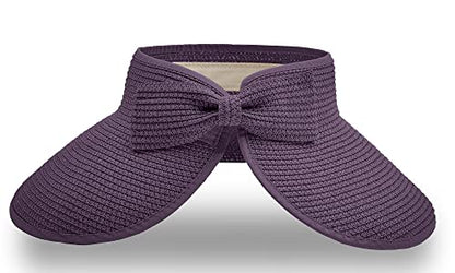 Straw Sun Visor for Women, Wide Brim UPF 50+ Protection Beach Hat, Adjustable, Roll Up Foldable Ponytail Cap with Chin Strap - color: Purple