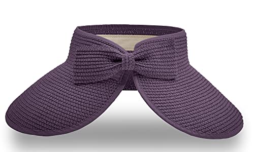 Straw Sun Visor for Women, Wide Brim UPF 50+ Protection Beach Hat, Adjustable, Roll Up Foldable Ponytail Cap with Chin Strap - color: Purple