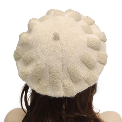 ZLYC Women French Beret Hat Reversible Solid Color Knit Warm Artist Cap - color: Checkered Beige