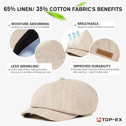 XL XXL Oversized 8 Panel Natural Linen Flat Cap Newsboy Hat Lightweight Summer Cooling Golf Outdoor Eco-Friendly - color: Beige Herringbone(elastic), size: Medium-Large