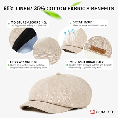 XL XXL Oversized 8 Panel Natural Linen Flat Cap Newsboy Hat Lightweight Summer Cooling Golf Outdoor Eco-Friendly - color: Beige Herringbone(elastic), size: X-Large-XX-Large