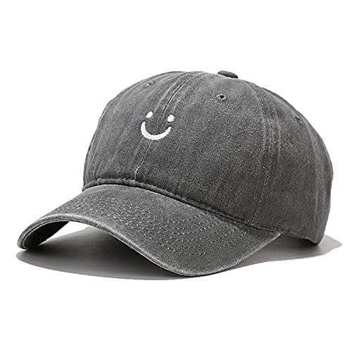 Smile Face Baseball Cap, Vintage Distressed Cotton Dad Hat for Women Men - color: Retro Grey