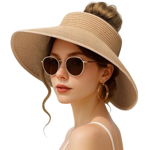 Sun Hats for Women Wide Brim Straw Sun Visors Ponytail Hat - color: Khaki