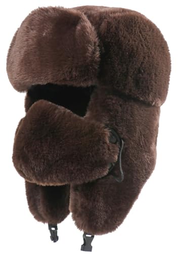 Ushanka Winter Trapper Hat Men Women Faux Rabbit Fur Russian Aviator Hat with Ear Flaps Face Mask Warm Cold Weather - color: Coffee
