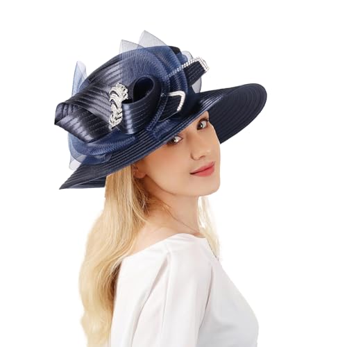 Wedding Bridal Church Party Derby Hats for Women Bow Formal Bowler Hat Wide Brim Fascinator Flat Top Fedora Hats - color: Navy Blue