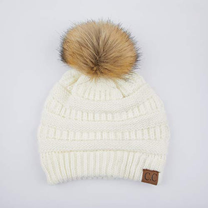 C.C Fur Pom Winter Fall Trendy Chunky Stretchy Cable Knit Beanie Hat - color: Solid Ivory