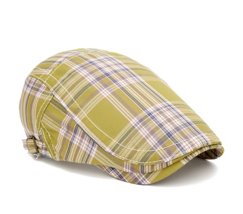Quanhaigou Unisex Denim Newsboy Hats Flat Ivy Gatsby Cabbie Driving Berets Hat Cotton Dad Cap for Men Women - color: Yellow Green Plaid