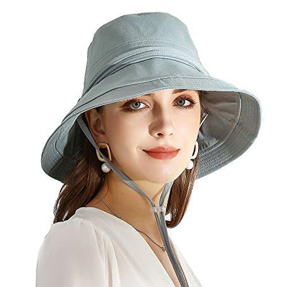 URSFUR Women Summer Sun Large Brim Hats Foldable Beach Hat Cotton UPF 50+ Sun Protection Cap - color: Blue