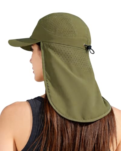 UPF 50+ Baseball Cap with Neck Flap, Breathable Fishing Hat for Men Adjustable Sun Hat for Golf Hiking - color: Olive Green