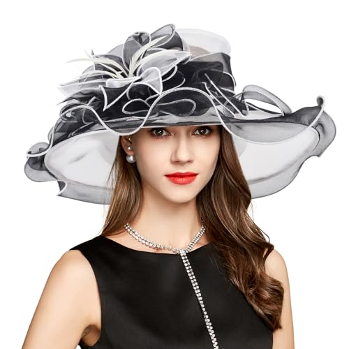 2026 Derby Hat, Classy Sun Hats for Women Ladies, Organza Feather Kentucky Fascinator for Tea Party Church UV Protection - color: D2867-white+black