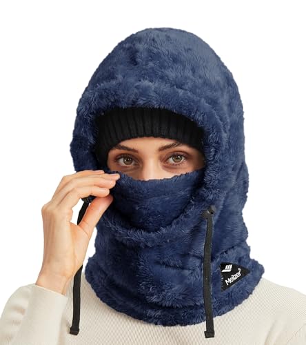 Ski Mask Balaclava Wind-Resistant Winter Face Mask for Women/Men Adjustable Warm Hood Cover Hat Cap Scarf - color: Navy Blue