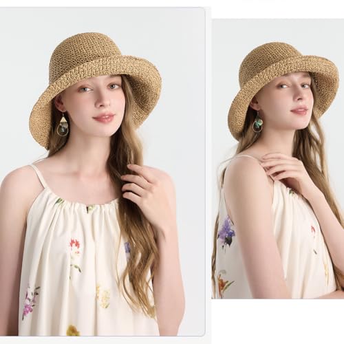 Women Straw Sun Hat Summer Beach Hats Foldable Floppy Cap Wide Brim Bucket Hat Solid Handmade Sun Protection Caps - color: Beige-brim3.1"