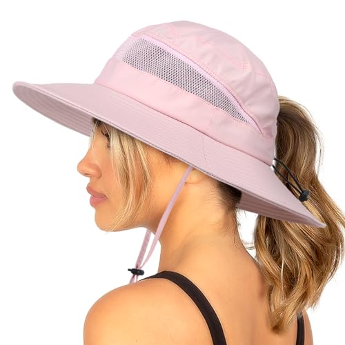 Bucket Sun Hat for Women Wide Brim Breathable Mesh UPF50+ Safari Hat Criss Cross Ponytail Hole Outdoor Rain Hat - color: Pink