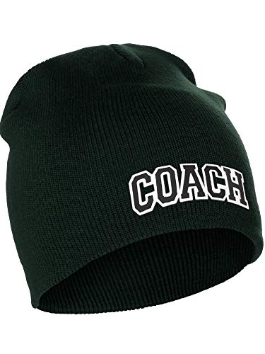 I&W Sports Team Coach Arch Letters Winter Knit Cuffless Beanie 3D Raised Layers - color: Dk Green Beanie White Black
