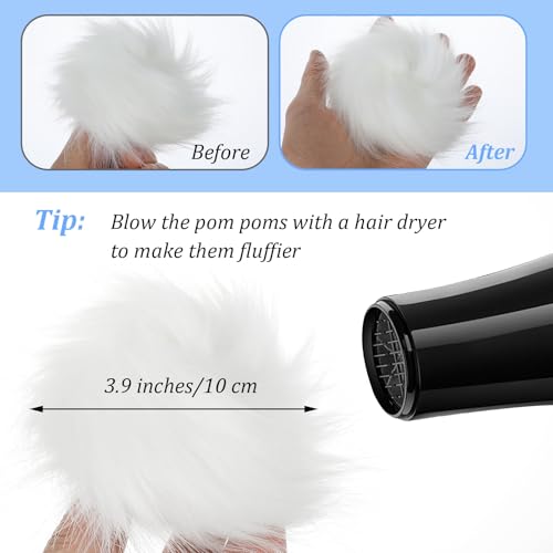 6 Pack Detachable Faux Fur Pom Poms with Snap Buttons, 3.9 Inch White Pompoms for Hats Beanies Scarves Gloves Bags, DIY Knitting Accessories (White)