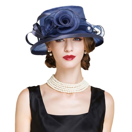Flat Top Sun Visor Hats for Women Floral Bride Wedding Fascinator Hat Bucket Hat Cocktail Party Derby Cap - color: Navy Blue