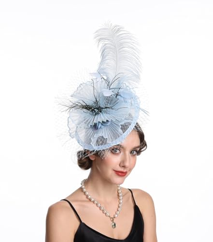 SAFERIN Fascinator for Women Hair Clip Hat Bowler Feather Flower Veil Wedding Party Hat Tea Hat - color: Sz7-light Blue